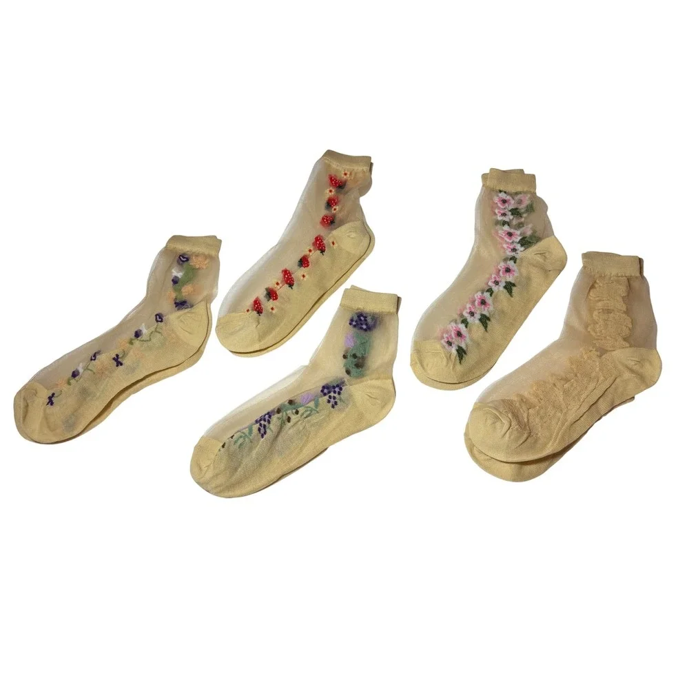5 Pair Lot Sheer Floral Embroidered Mesh Crew Socks Yellow Cottagecore Bundle